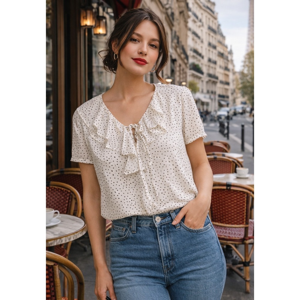 Maeve by Anthropologie Womens Vacation Resort Polka Dot Ruffle Top Sz M Feminine